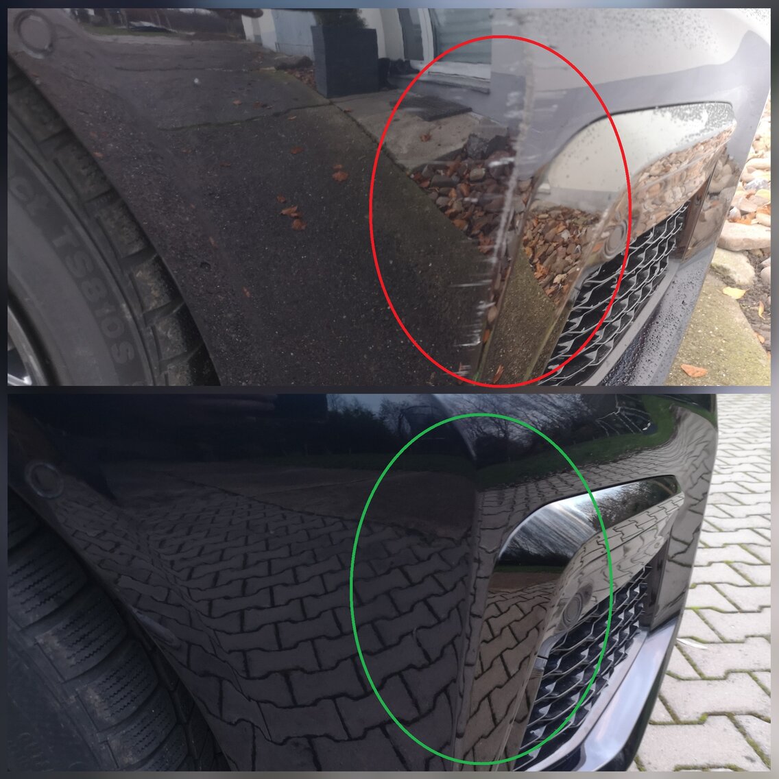 Per Smartrepair Schleiftechnik behobene Macken an der Stoßfängerverkleidung